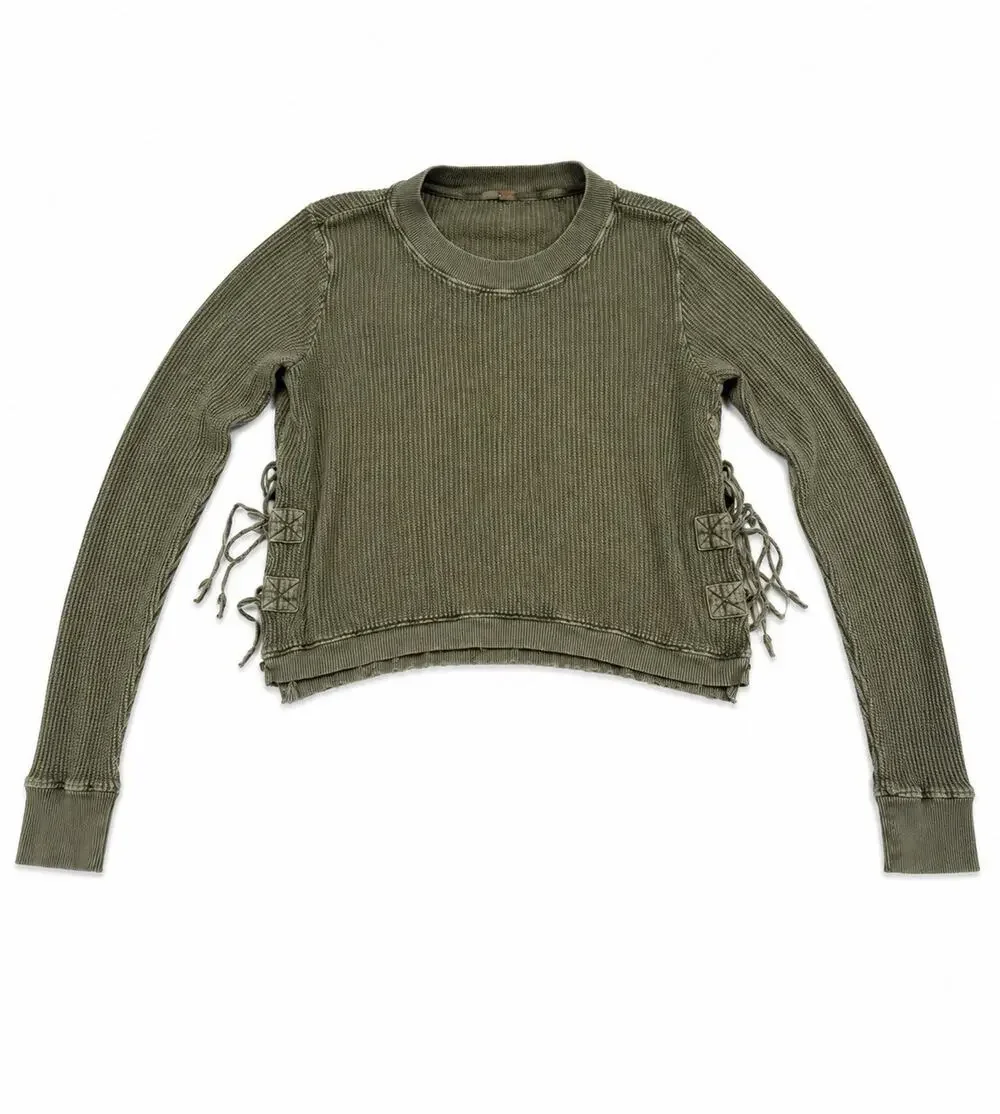 FP One Free People Olive Green Waffle Knit Cropped Lace Up Long Sleeve L